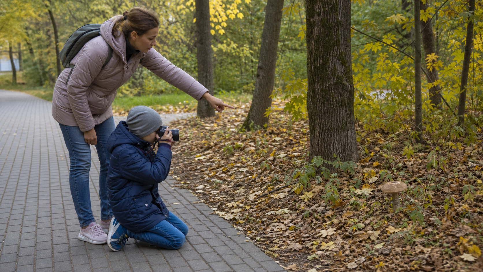 Дитина фотографує невідомий гриб із безпечної відстані